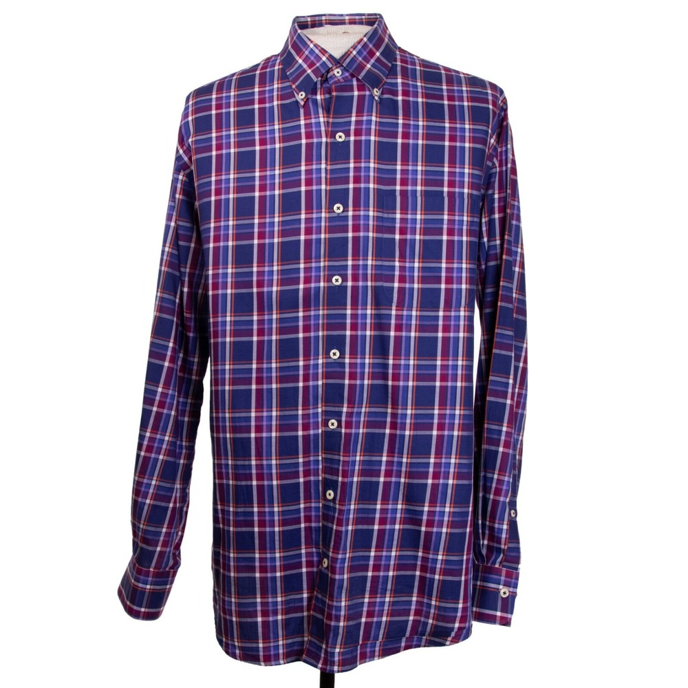 Peter Millar Mens L‎ Navy Blue Multicolor Plaid LS Button Front Shirt